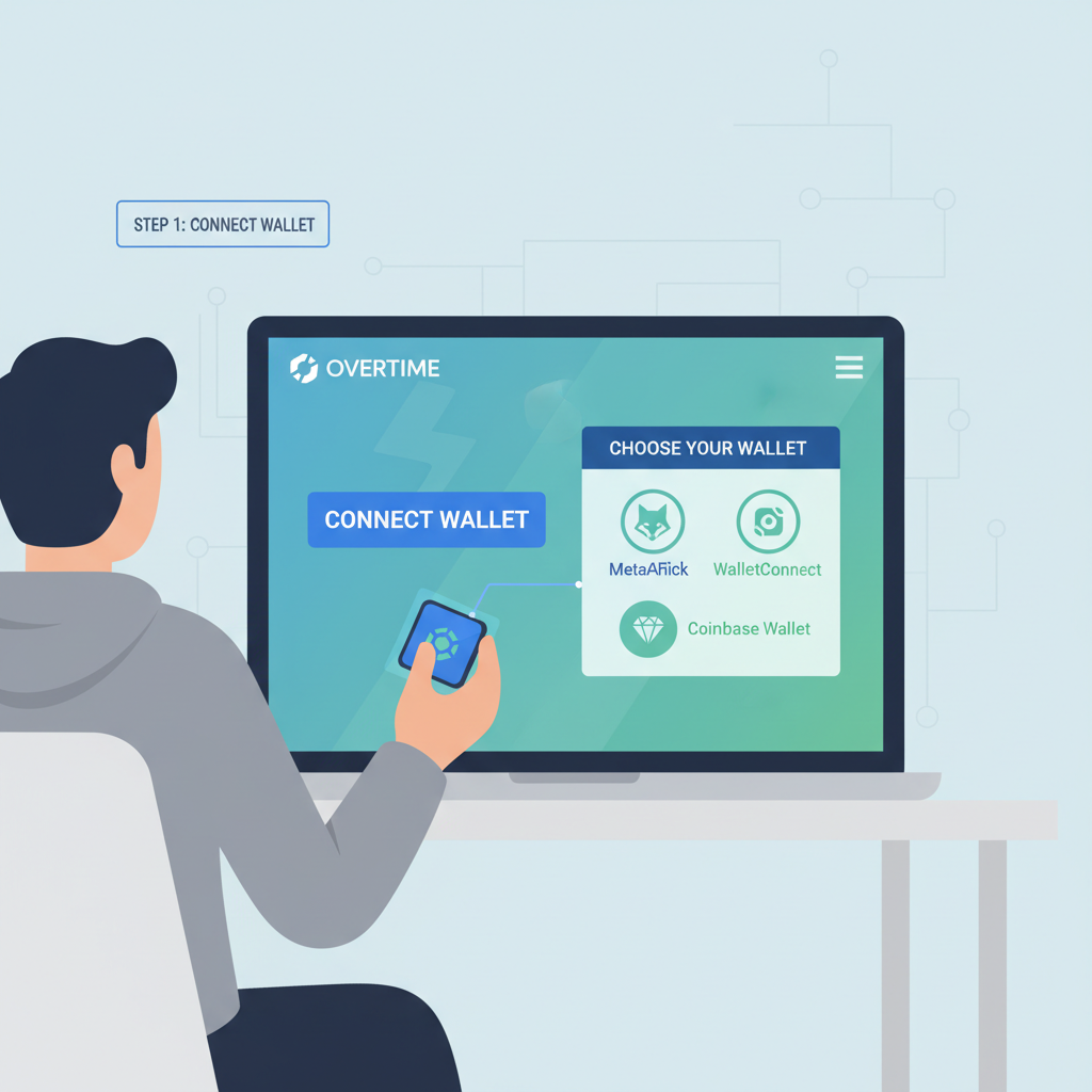 User connecting crypto wallet to Overtime dApp interface on laptop, modern blockchain UI, blue and green tones, clean design