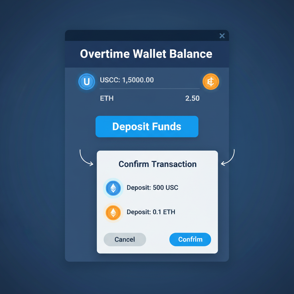 Depositing USDC and ETH into Overtime wallet balance screen, transaction confirmation popup, crypto icons glowing