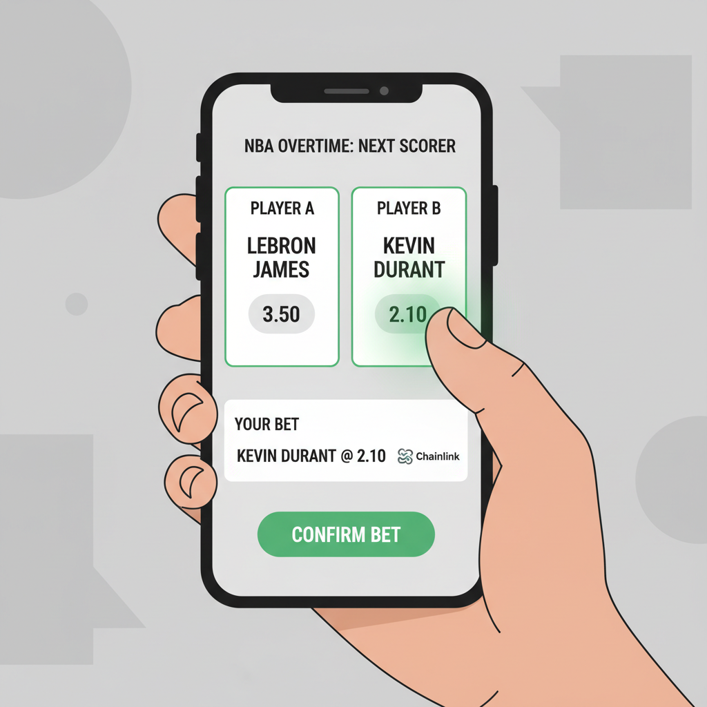 User placing bet on NBA next scorer in Overtime interface, odds display with Chainlink logo, green confirm button