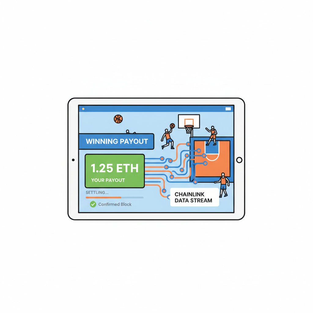 Real-time settlement screen on Overtime with winning payout, Chainlink data stream visualization, basketball game in background