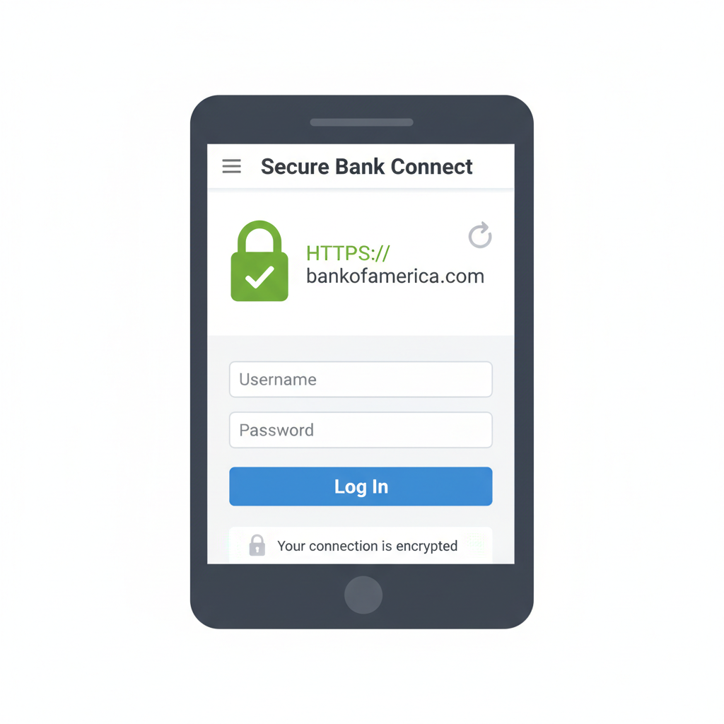 mobile app interface connecting to bank website login, secure lock icon, HTTPS padlock visible