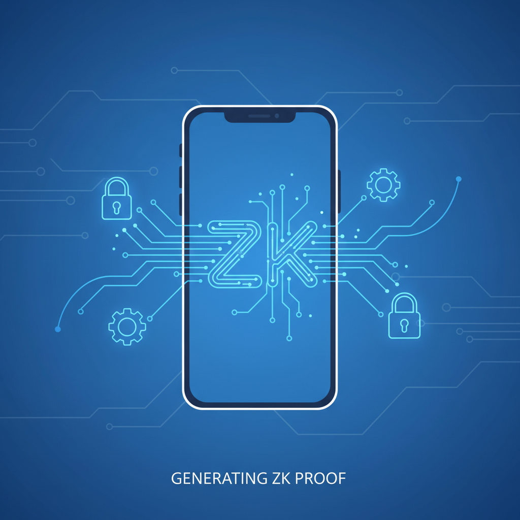 phone generating glowing ZK proof animation, circuits and locks, futuristic blue energy