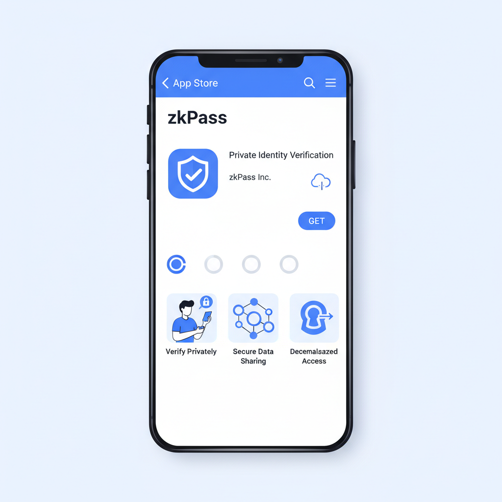 smartphone screen showing zkPass app download from app store, clean modern UI, blue tones