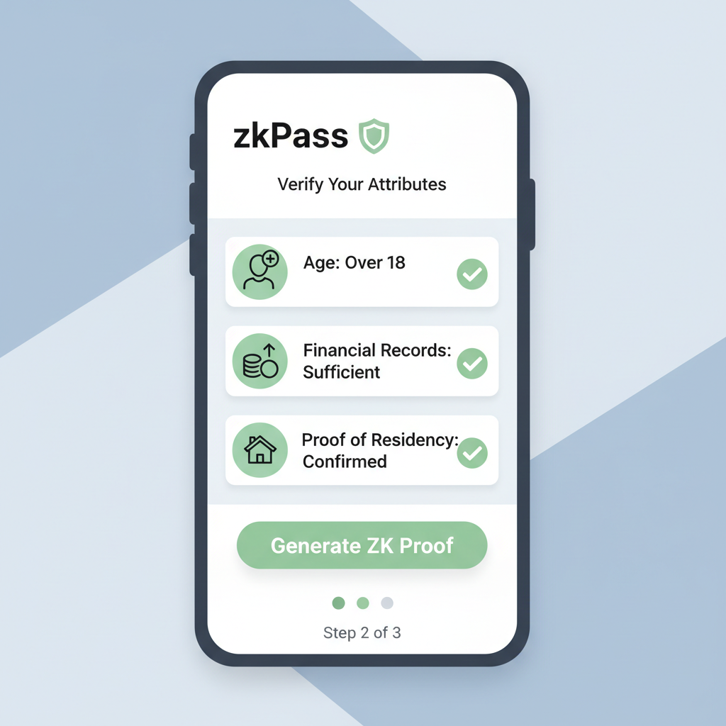 zkPass app screen with attribute checkboxes like age over 18, financial records, simple icons