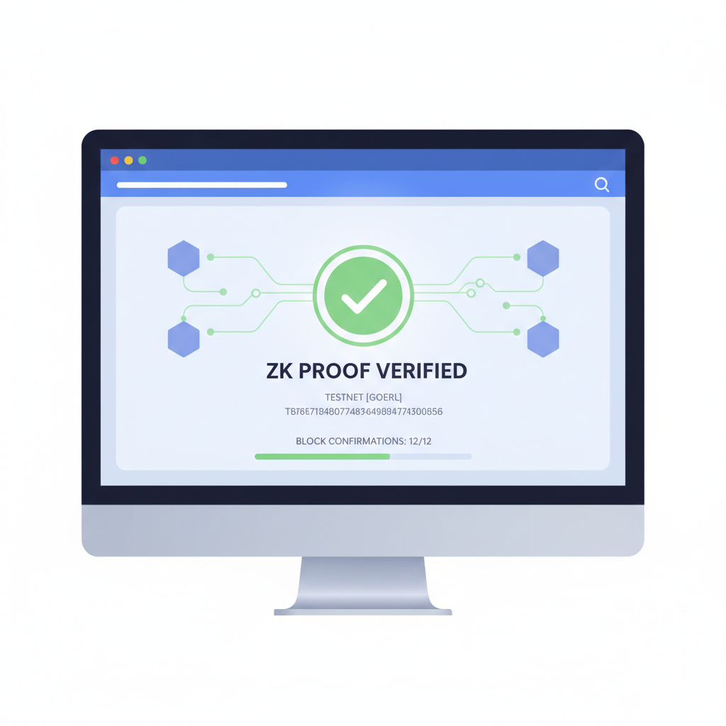 blockchain explorer screen verifying ZK proof on testnet, green checkmark, nodes connecting