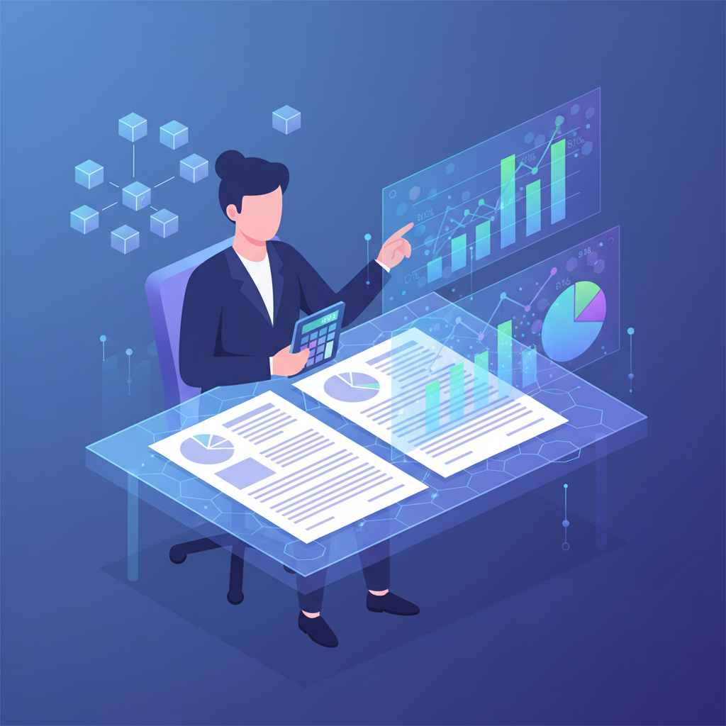 professional auditing patent documents with calculator and charts, futuristic blockchain glow