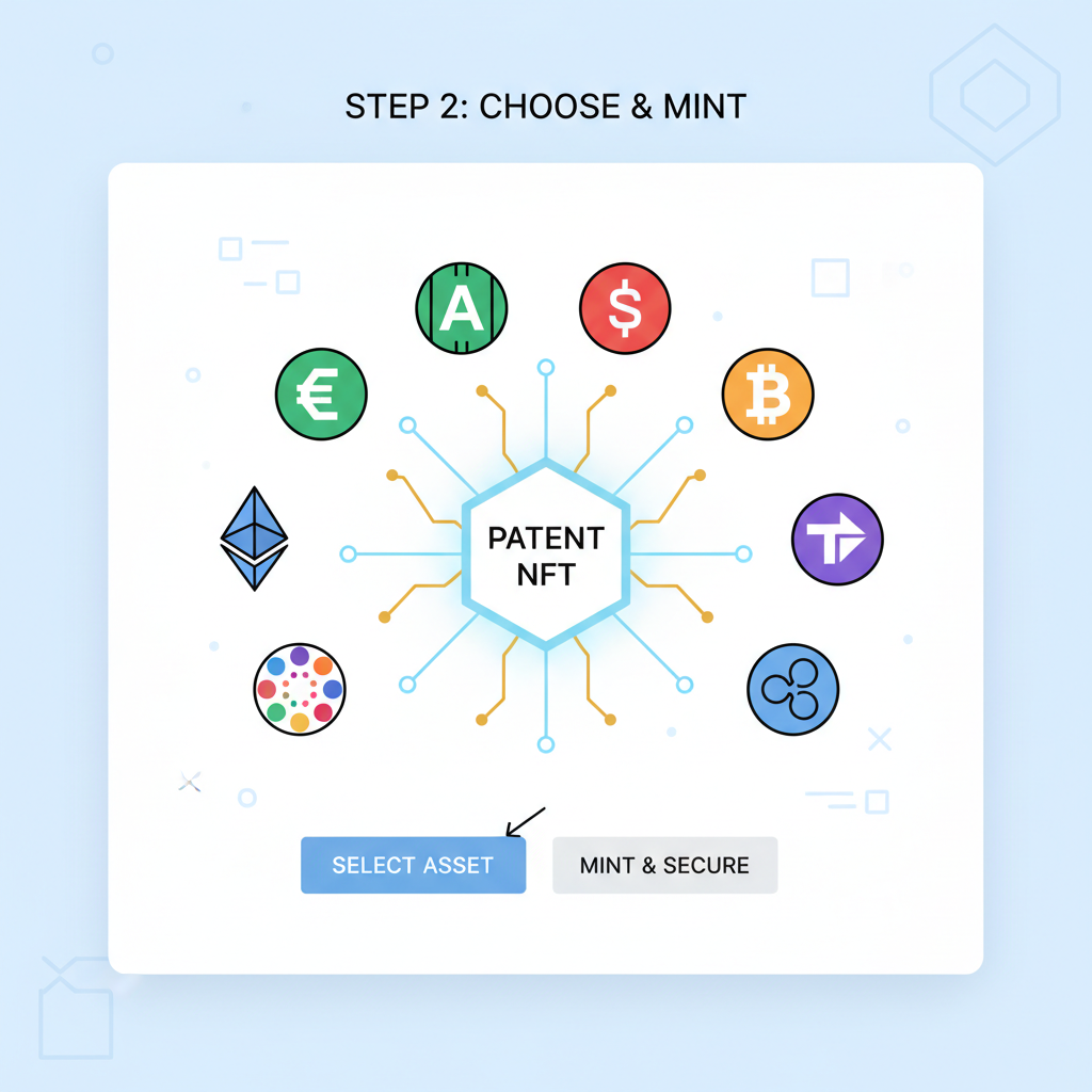diverse blockchain logos connected to glowing patent NFT, selection interface
