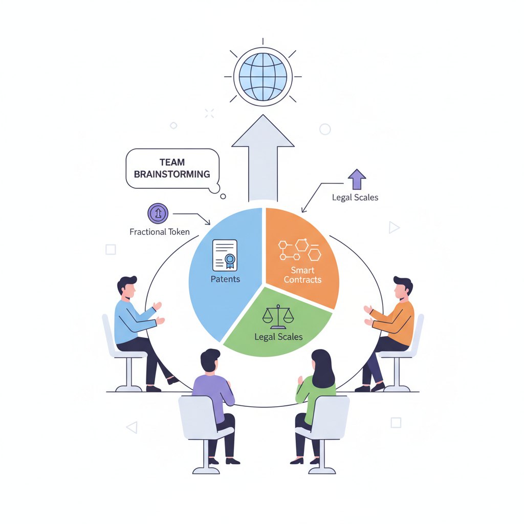 team brainstorming fractional token pie chart with patents, smart contracts, legal scales
