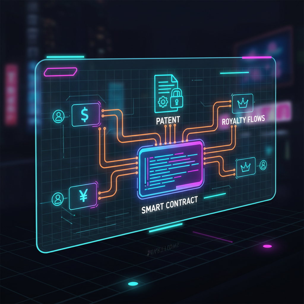 futuristic smart contract code glowing on blockchain screen with patent icons and royalty flows, cyberpunk style