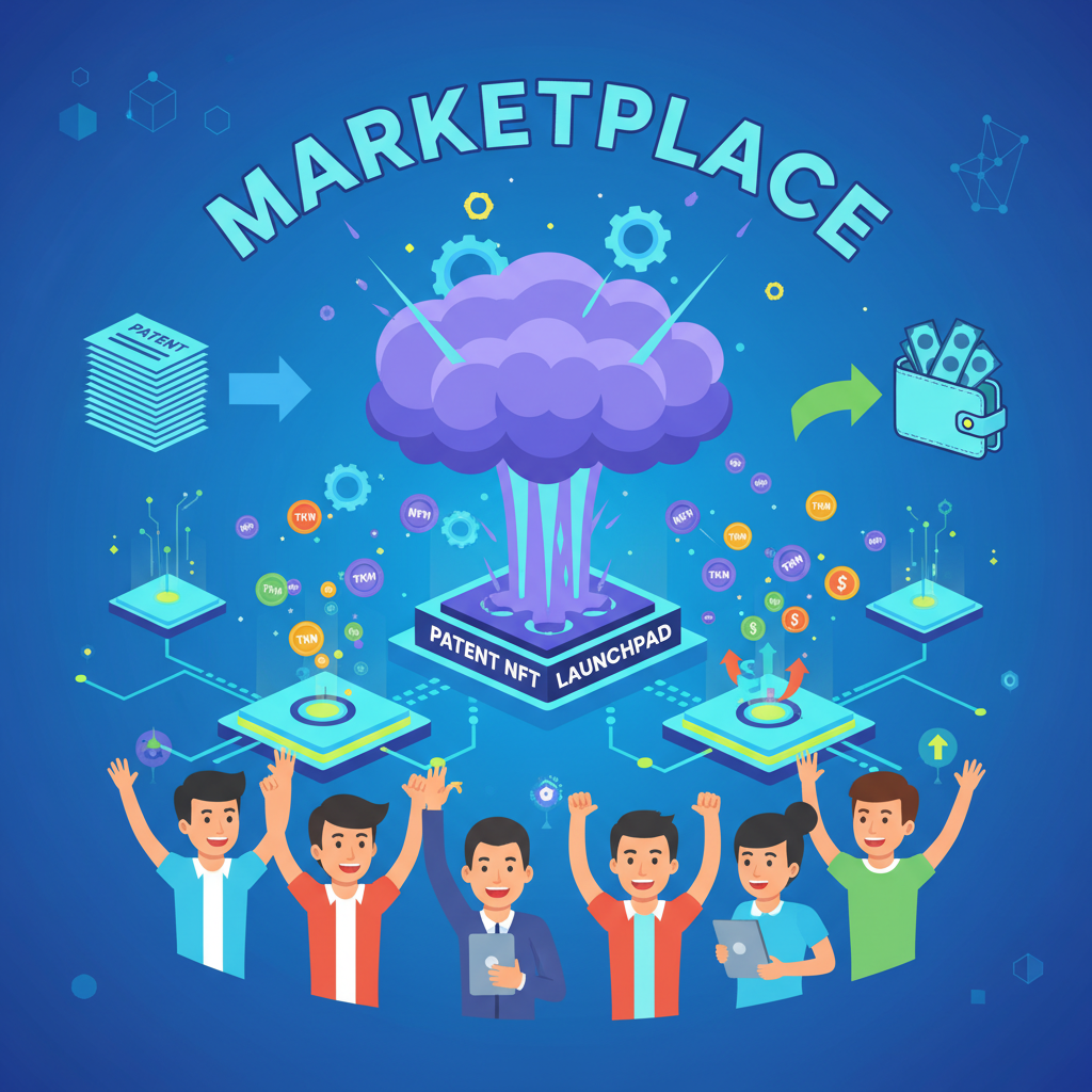 explosive blockchain marketplace launch with patent NFTs fractionalizing into tokens, excited investors, vibrant digital marketplace