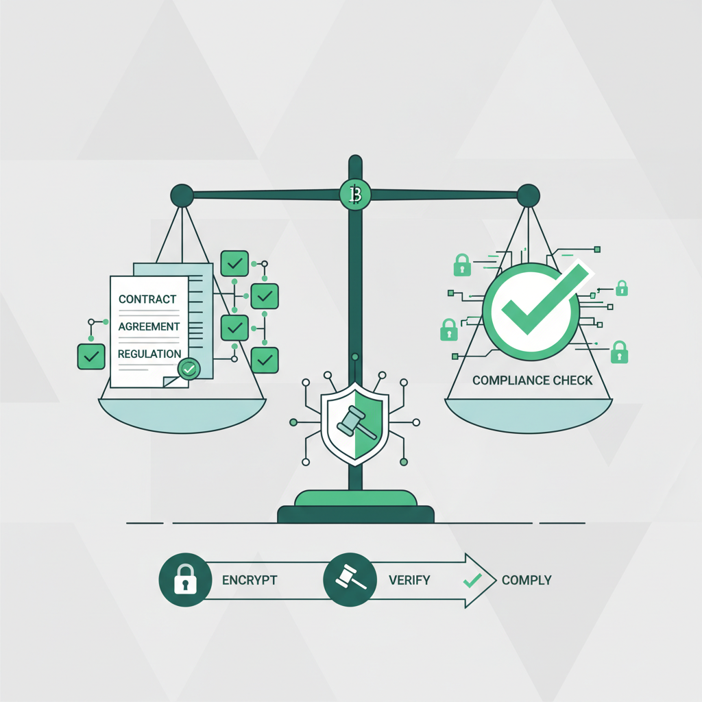 balanced scales of justice merging blockchain and legal documents, green compliance checkmarks, professional modern style