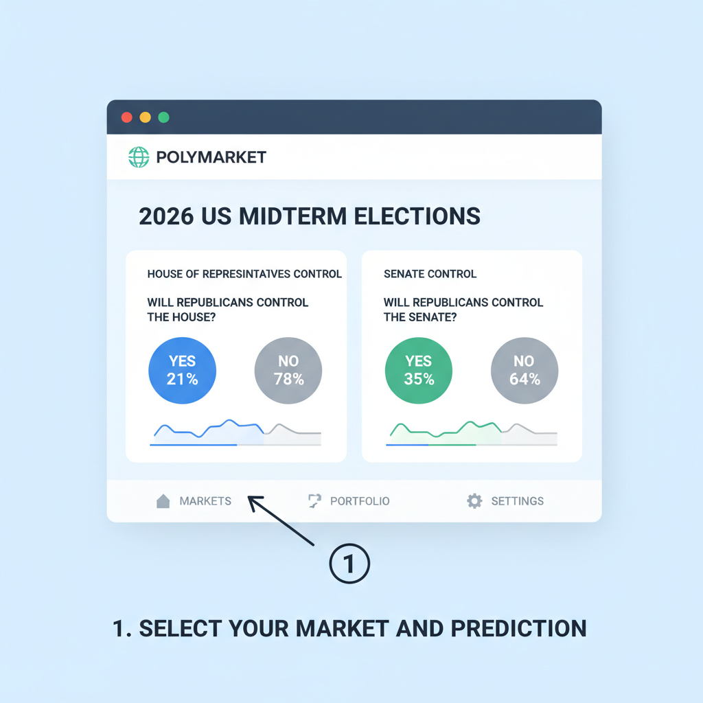 Polymarket interface listing 2026 midterm markets, House odds 21% Yes 78% No, charts