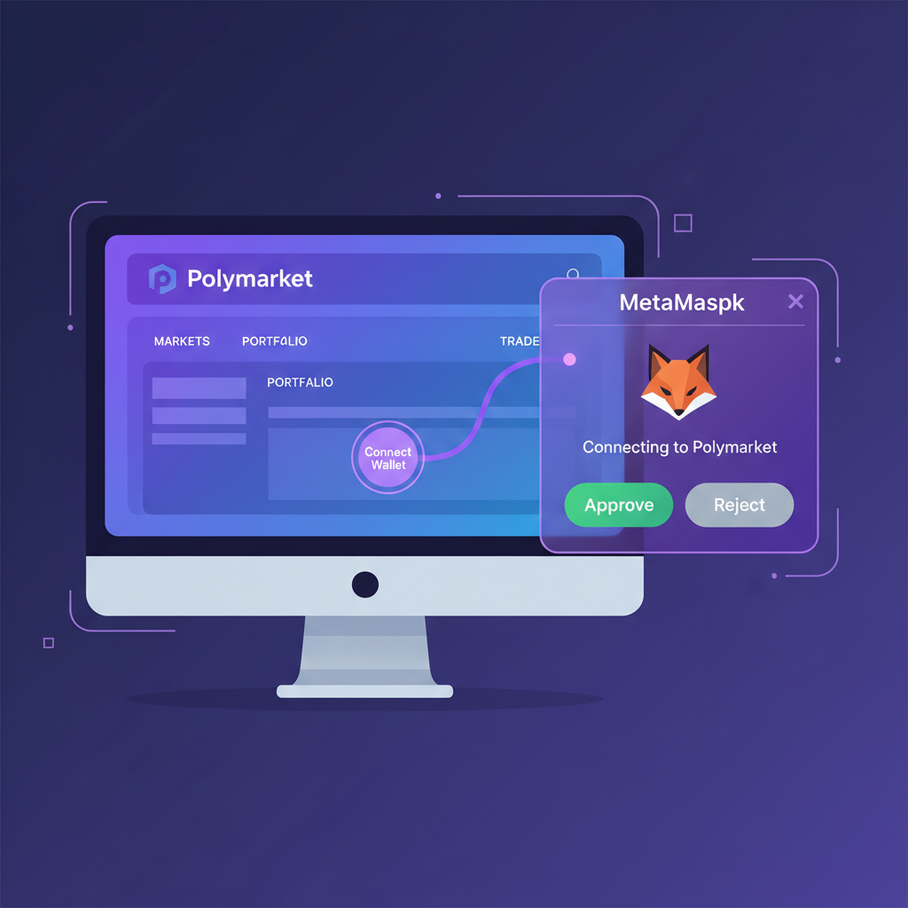 crypto wallet connecting to Polymarket dashboard, MetaMask popup, futuristic purple UI