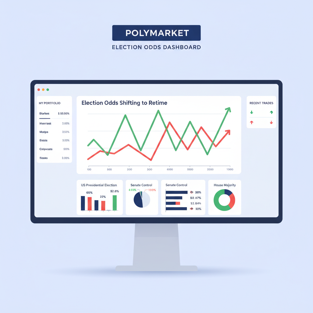 Polymarket portfolio monitoring screen, election odds charts shifting, green red lines