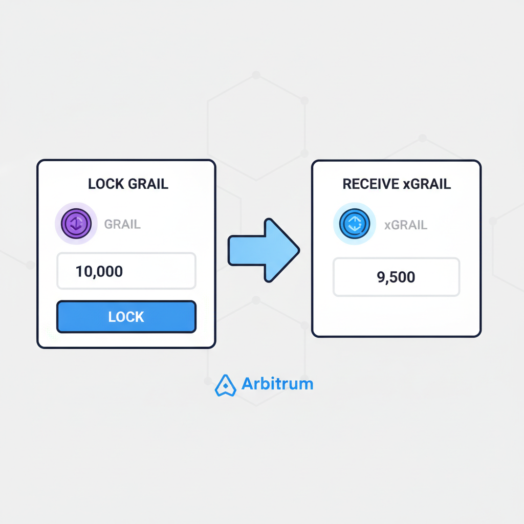 Camelot DEX UI locking GRAIL to xGRAIL tokens glowing blue Arbitrum network
