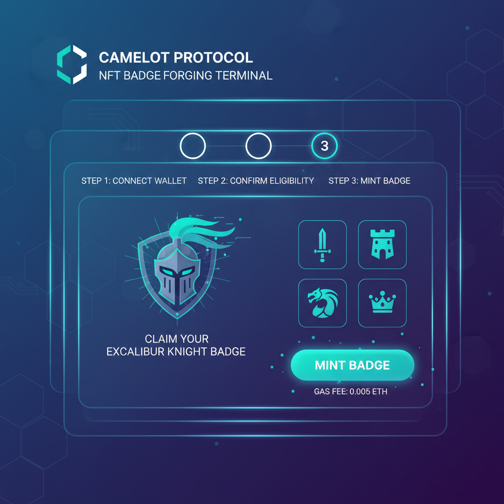 Camelot dashboard NFT badge claim screen futuristic mint button glowing