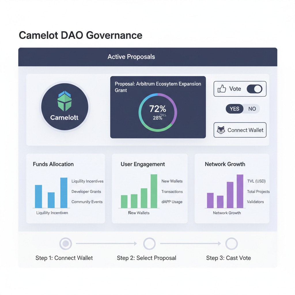 DAO voting interface Camelot NFT badge ballot charts Arbitrum ecosystem