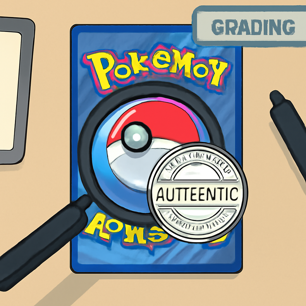 close-up of Pokémon trading card under magnifying glass with authenticator stamp, professional grading desk