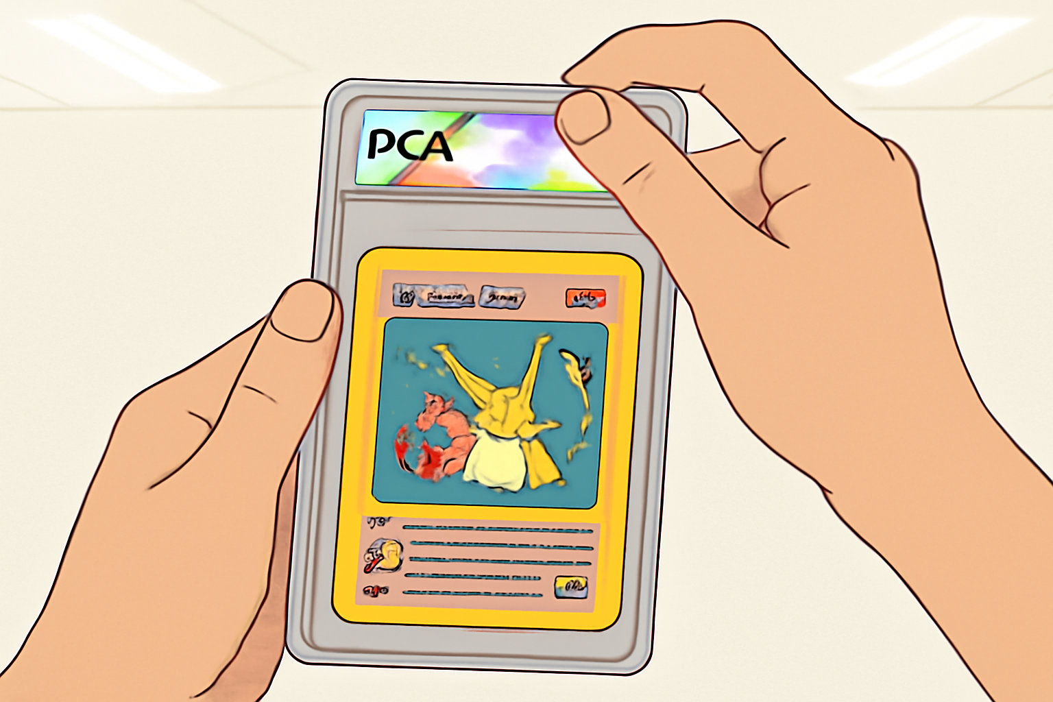 Pokémon card in PSA grading slab being sealed, bright lab lighting, holographic label