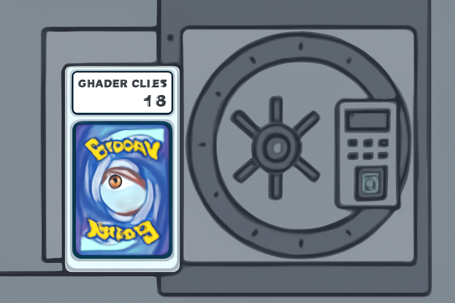 graded Pokémon card locked in high-security vault, metal door with biometric lock
