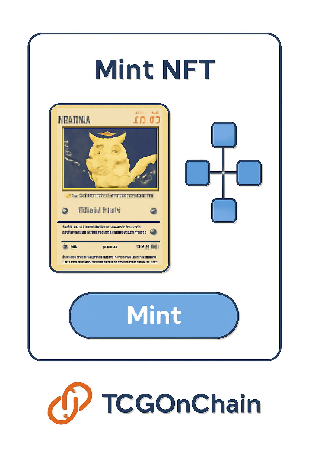 digital NFT minting interface with Pokémon card image, blockchain animation, TCGOnChain logo