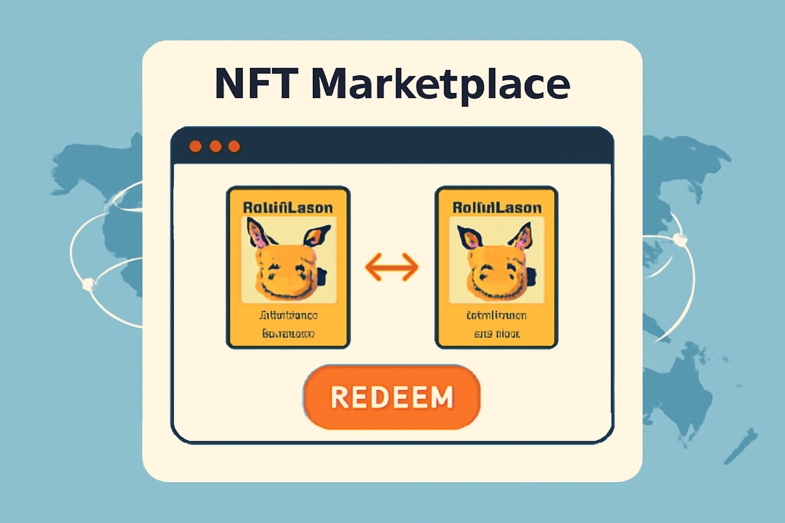 NFT marketplace screen showing Pokémon card trade, global map connections, redeem button