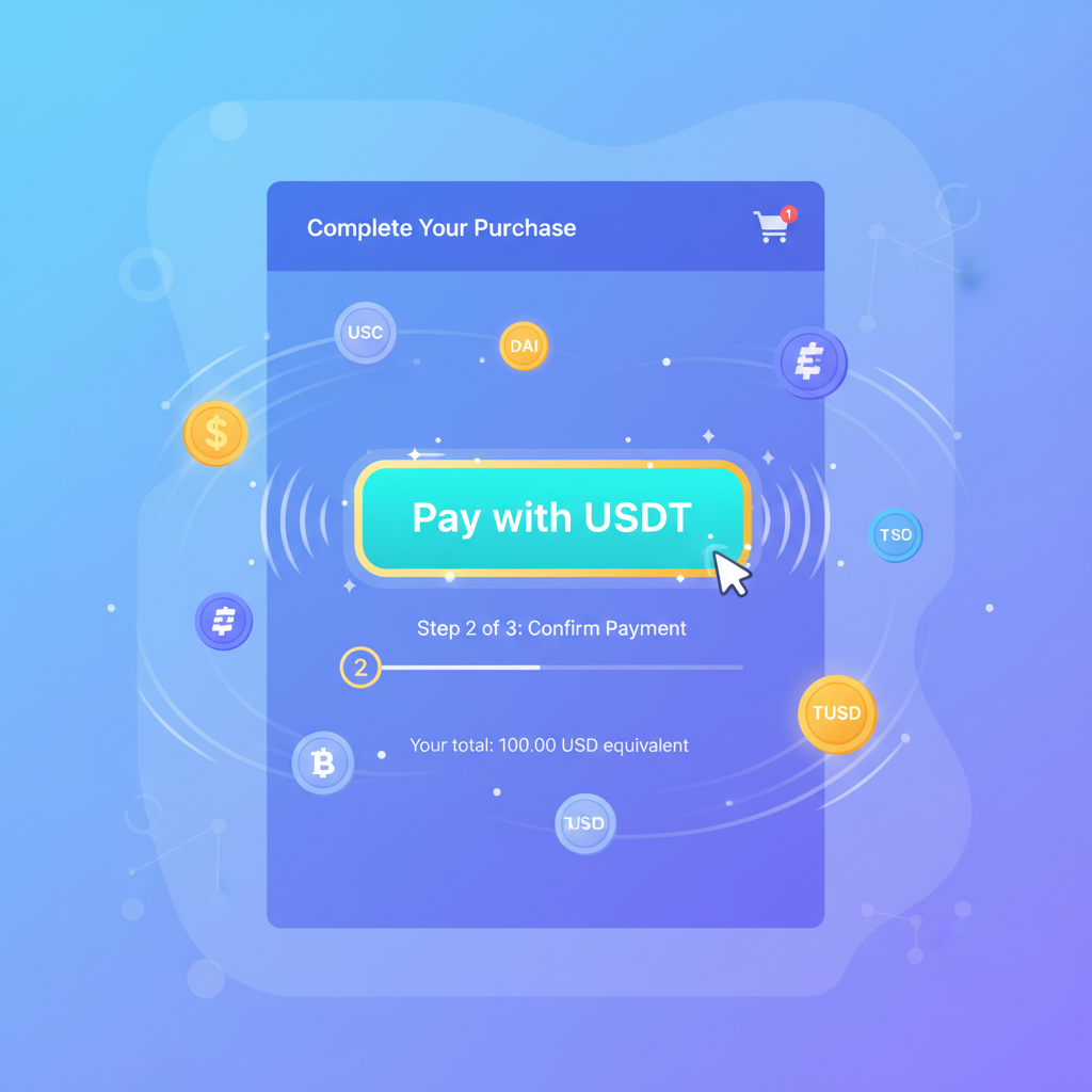 crypto checkout screen with USDT payment glowing, stablecoin icons flying