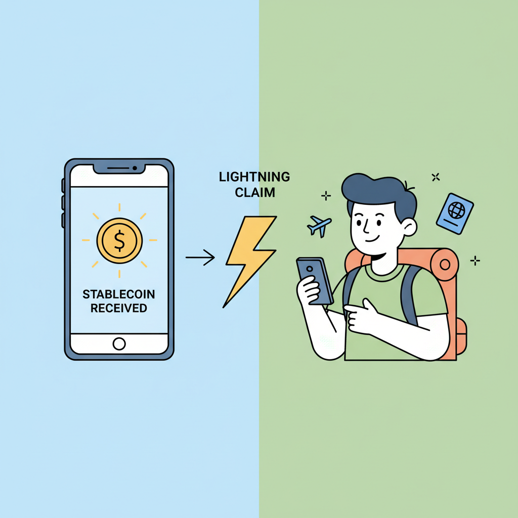 wallet receiving stablecoin payout, lightning bolt claims process, happy traveler