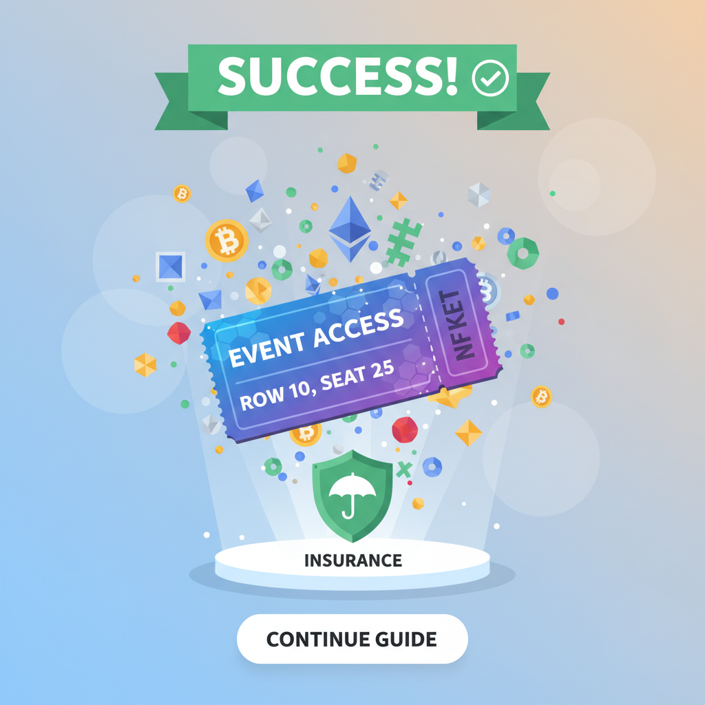success screen with NFT ticket and insurance badge, confetti crypto explosion