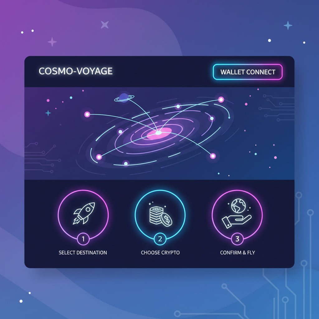 futuristic travel booking site with glowing wallet connect button, neon crypto aesthetics