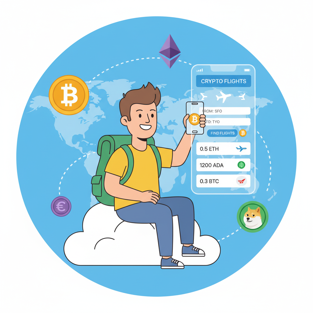 excited traveler searching flights on sleek app, world map background with crypto icons