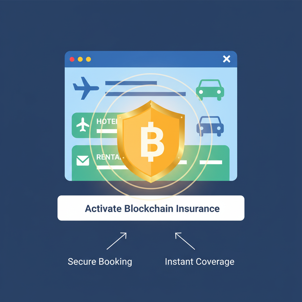 shield icon overlay on travel booking, blockchain insurance activation, golden glow