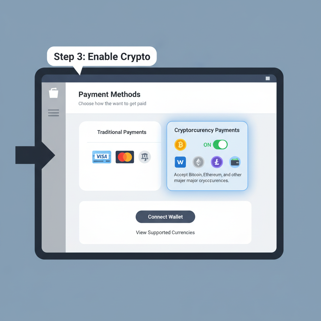 Shopify payments page with cryptocurrency toggle activated, icons of coins and wallets, sleek design