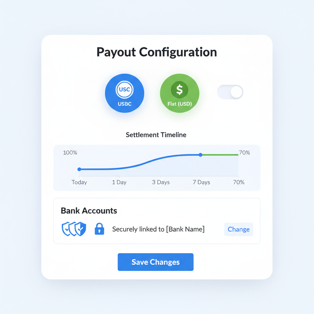 Shopify payout configuration screen, USDC and fiat options, settlement timeline graph, secure banking icons