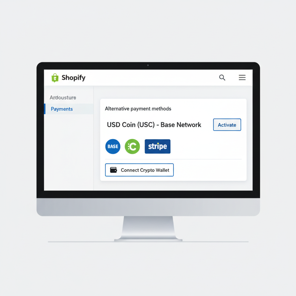USDC payment method activation in Shopify, Base network logo, Coinbase Stripe badges, crypto wallet connection