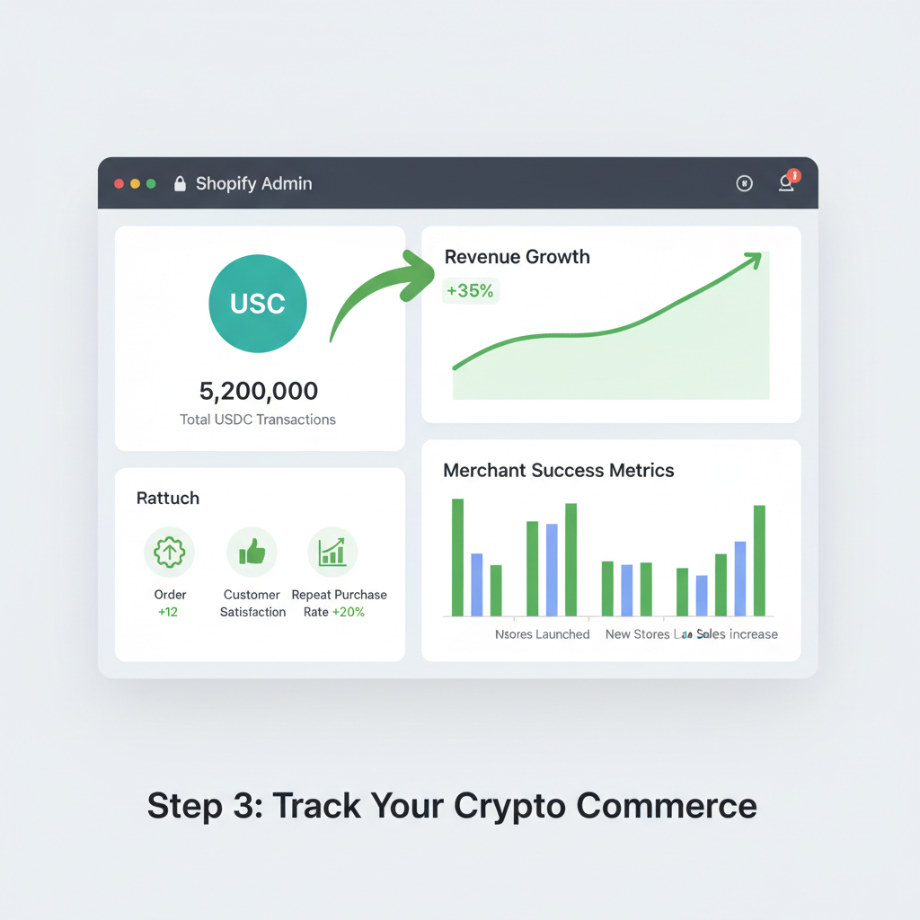 Shopify analytics dashboard showing USDC transactions, green growth charts, merchant success metrics