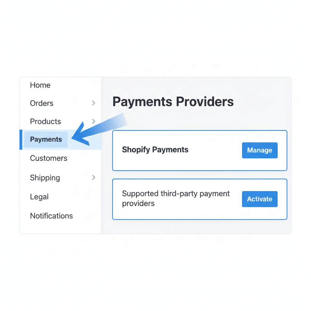 Shopify admin payments settings page, highlighted navigation menu, modern UI, blue accents