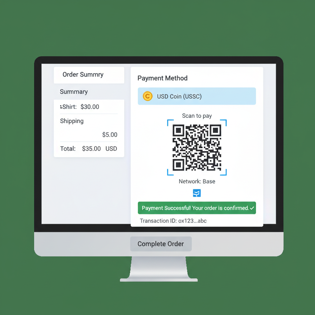 Shopify checkout page with USDC payment selected, wallet QR code, Base network, successful payment simulation