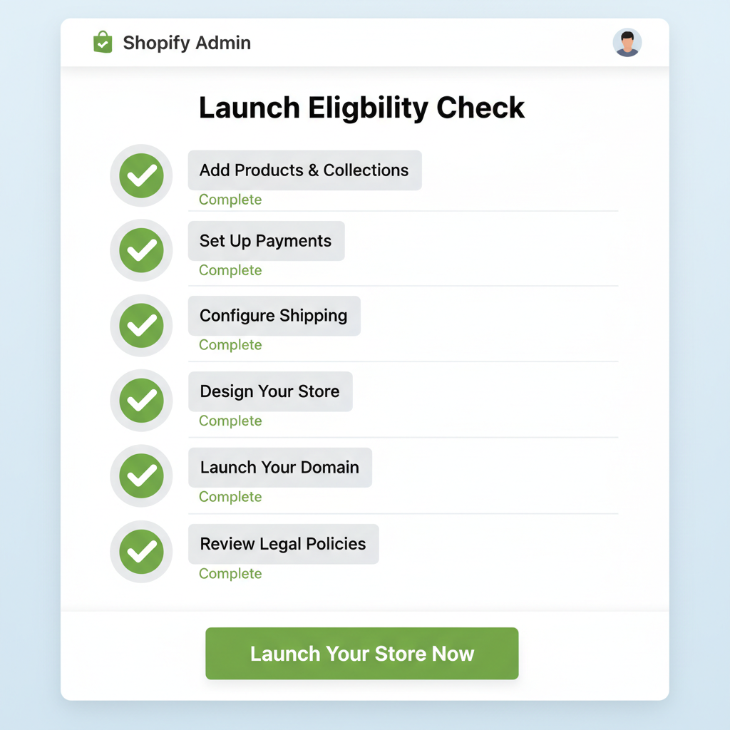 Shopify admin dashboard eligibility check screen, clean interface, green checkmarks, professional e-commerce setup