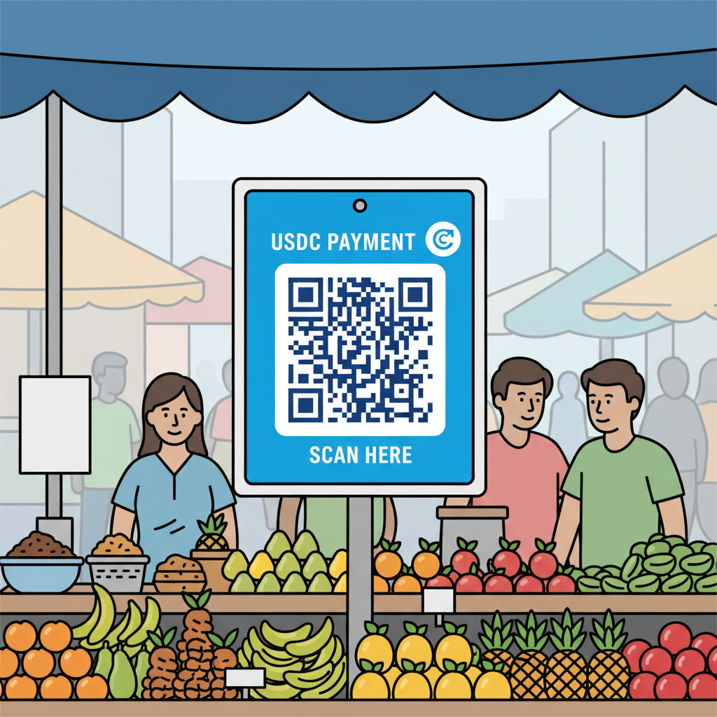 busy street market vendor stall displaying large laminated USDC QR code