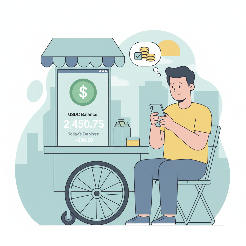 vendor checking USDC wallet balance on phone at end of day