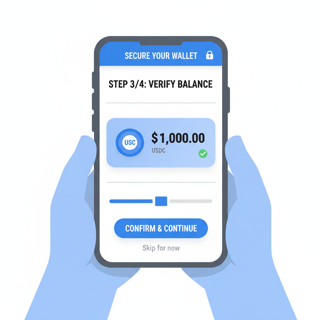secure mobile crypto wallet setup screen showing USDC balance, clean professional UI