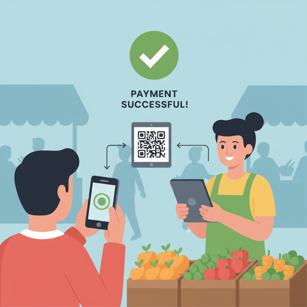 customer phone scanning vendor QR code at market stall, success checkmark