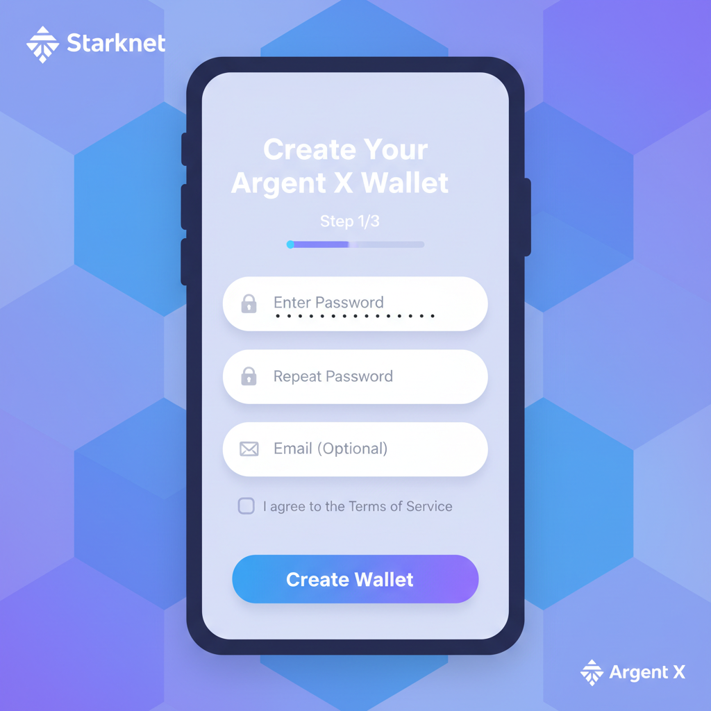 Argent X create wallet screen showing password input and email field, Starknet branding --ar 16:9