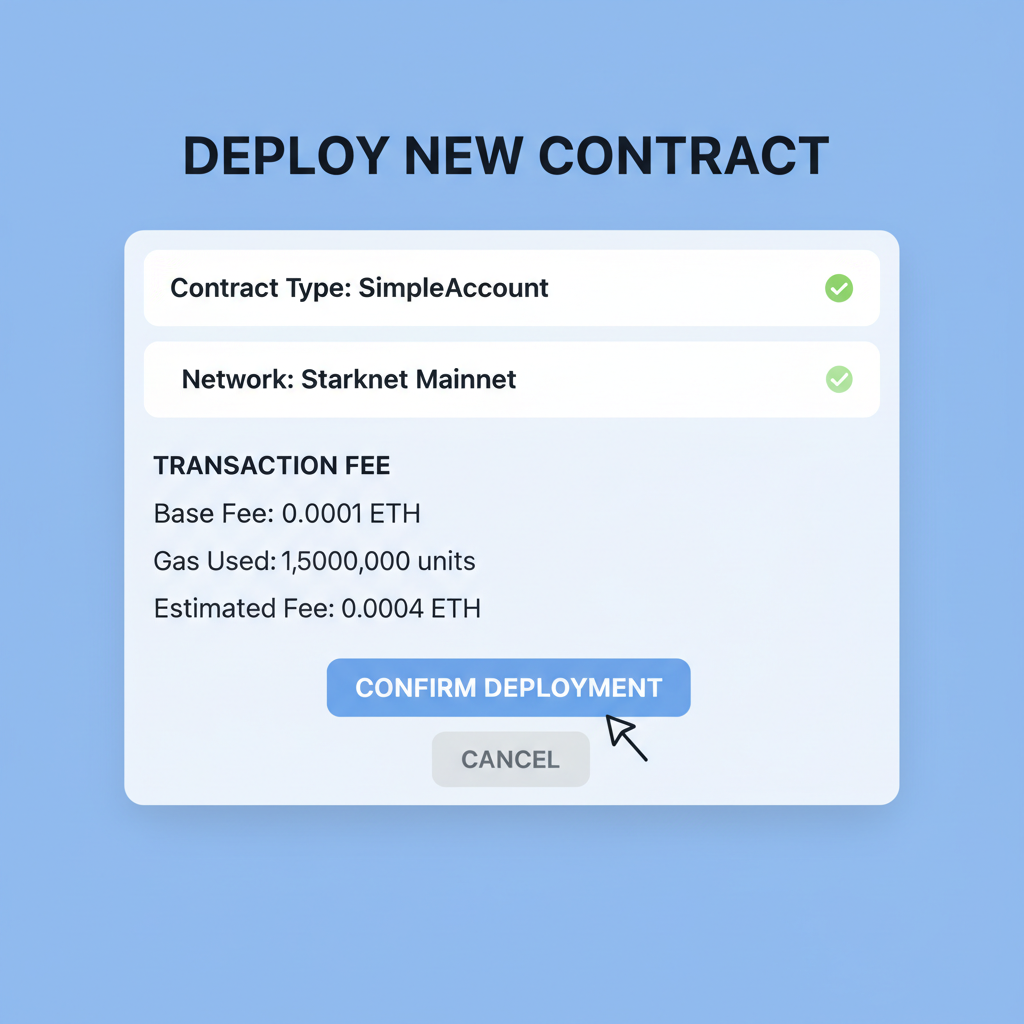 Argent X Starknet deployment screen with fee display and confirm button --ar 16:9