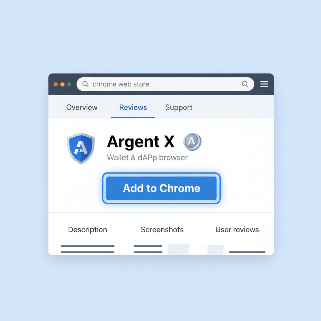 Chrome Web Store Argent X wallet extension page, add to chrome button highlighted, clean UI --ar 16:9