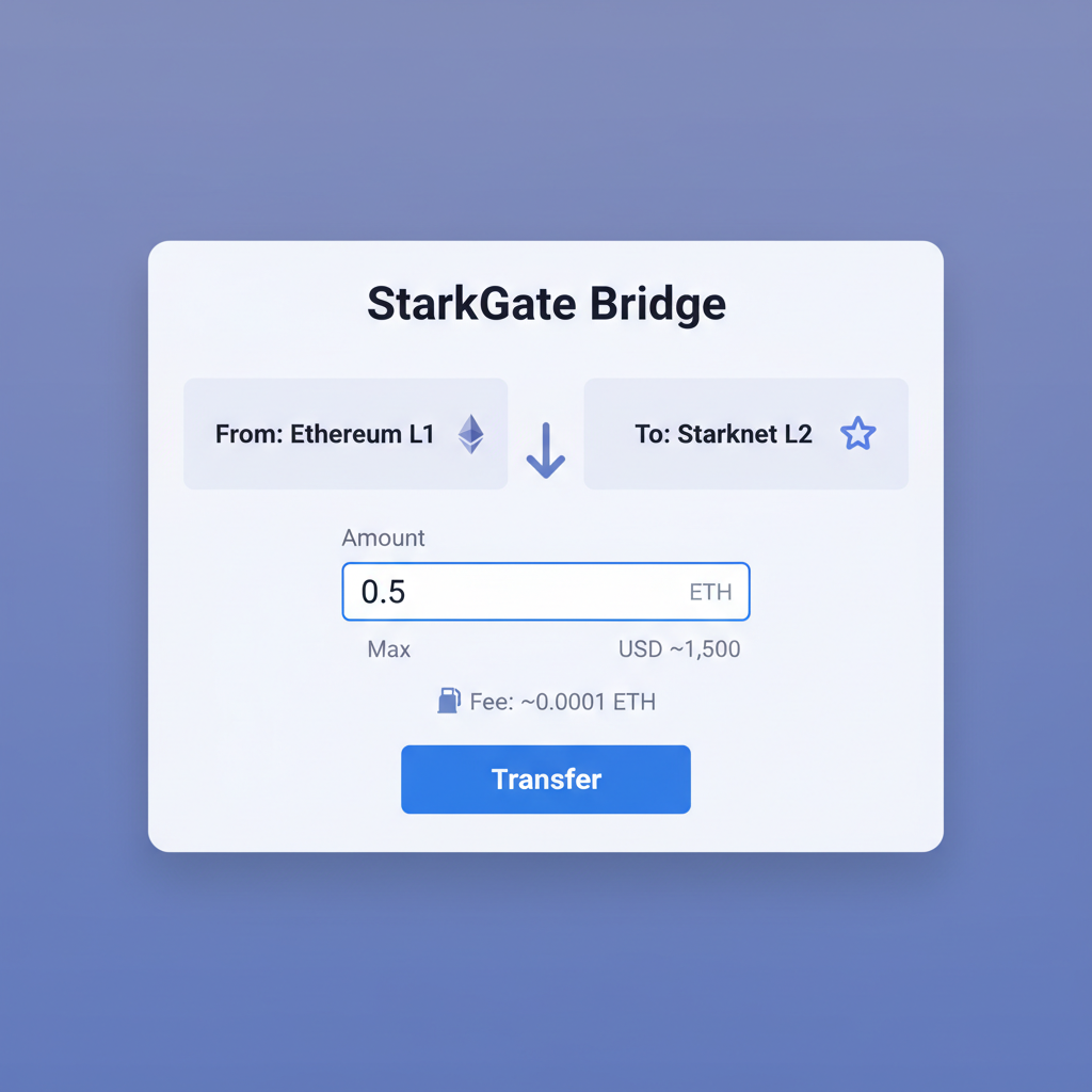 StarkGate bridge UI Ethereum L1 to Starknet L2 transfer form, ETH amount input --ar 16:9