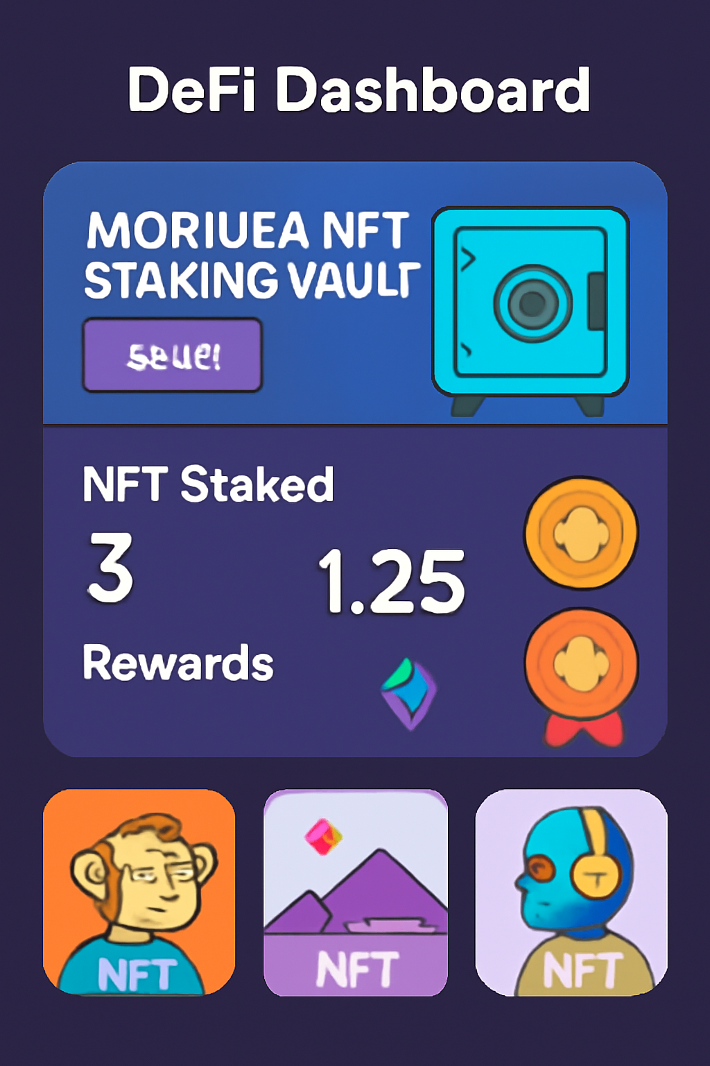DeFi dashboard highlighting Moriusa NFT staking vault, NFT icons, reward badges, vibrant crypto theme