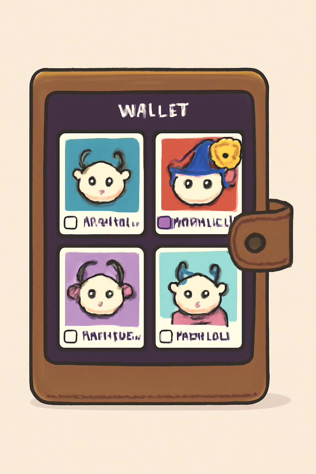 wallet displaying Moriusa NFTs, selection checkboxes, rare badge highlights, digital art style