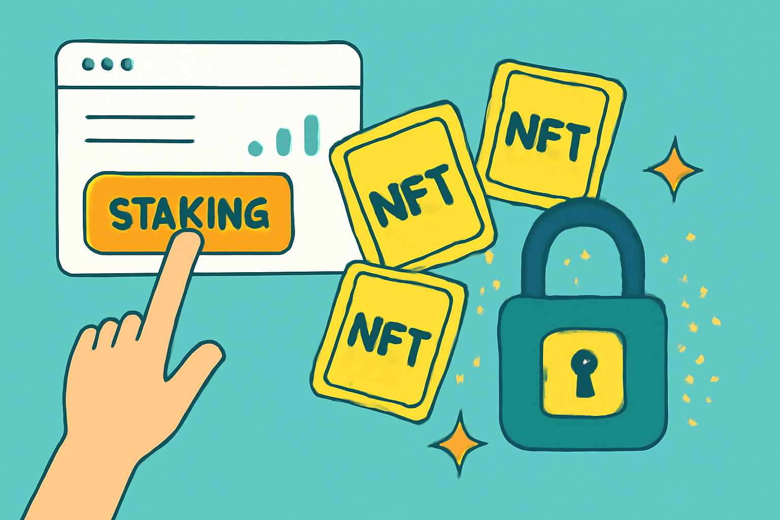 staking button pressed on dashboard, NFTs locking into vault, golden particles, success animation